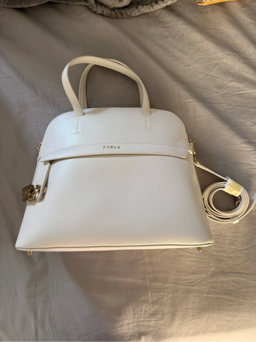 Furla Cream Leather Dome Satchel with Gold Hardware